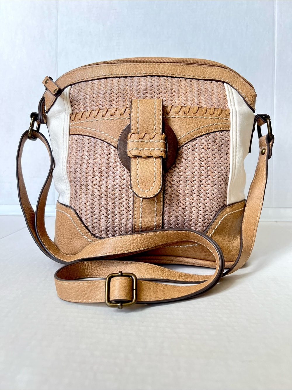 b.o.c. Crossbody Faux Leather Shoulder Bag Weaved Cream and Brown Bag Purse